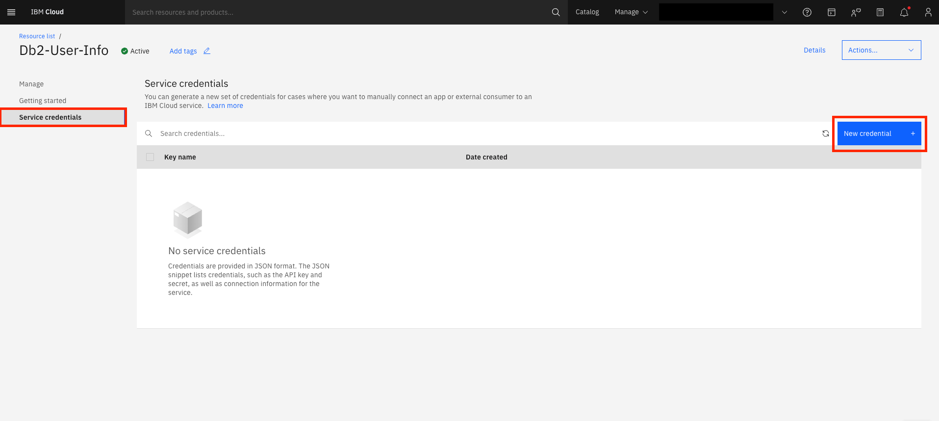 Service credentials page