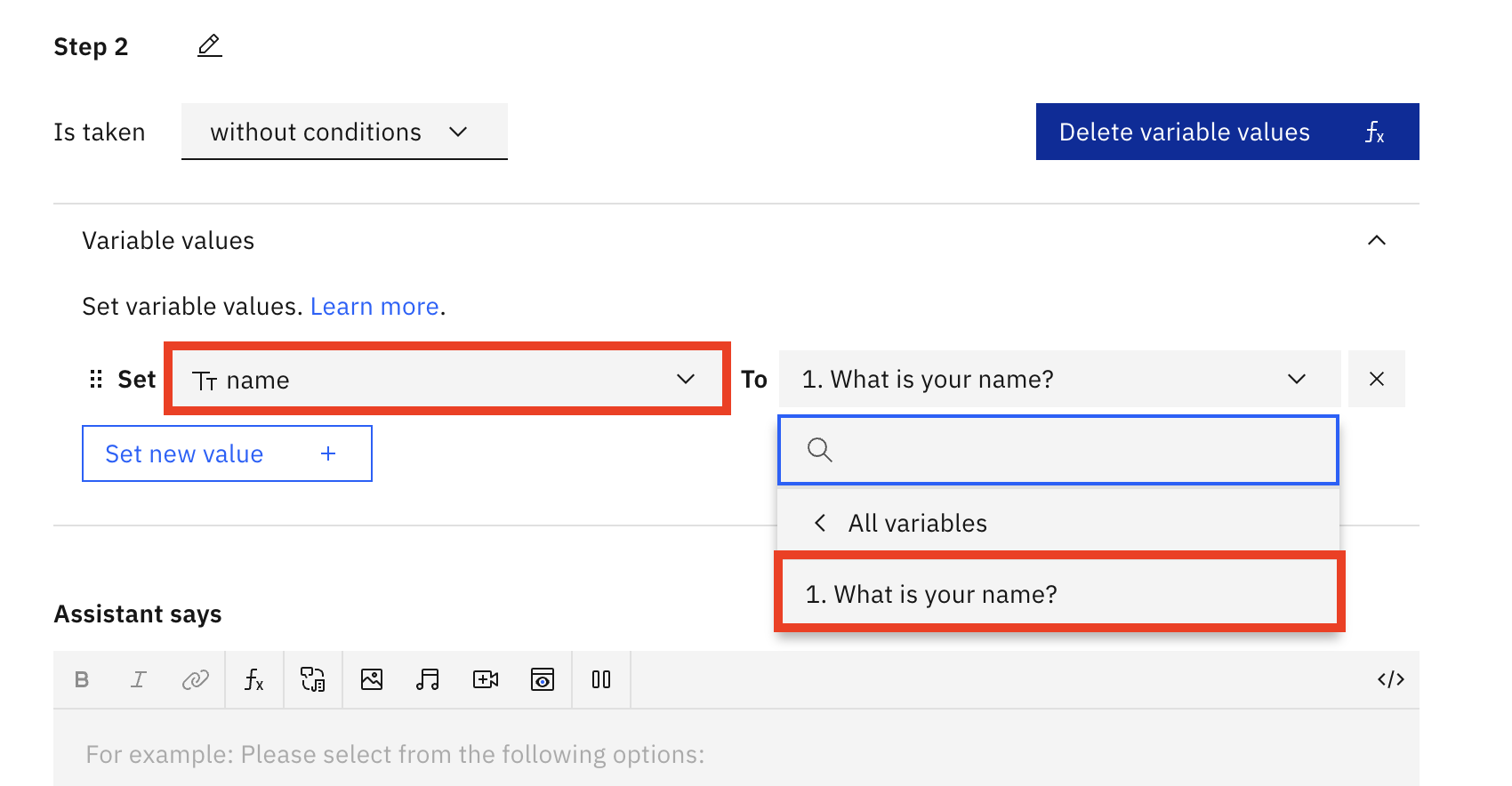 Name variable set